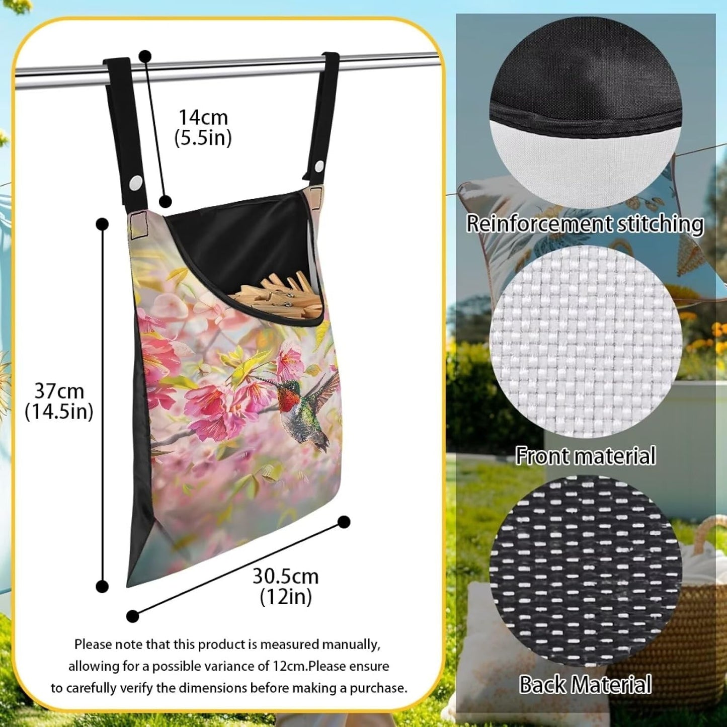 Hummingbird Clothespin Bag with Hanging Rope Cherry Blossom 14.5 x 12 Inch Summer Waterproof Laundry Clothes Pin Holder Clothespin Storage Organizer with Large Opening
