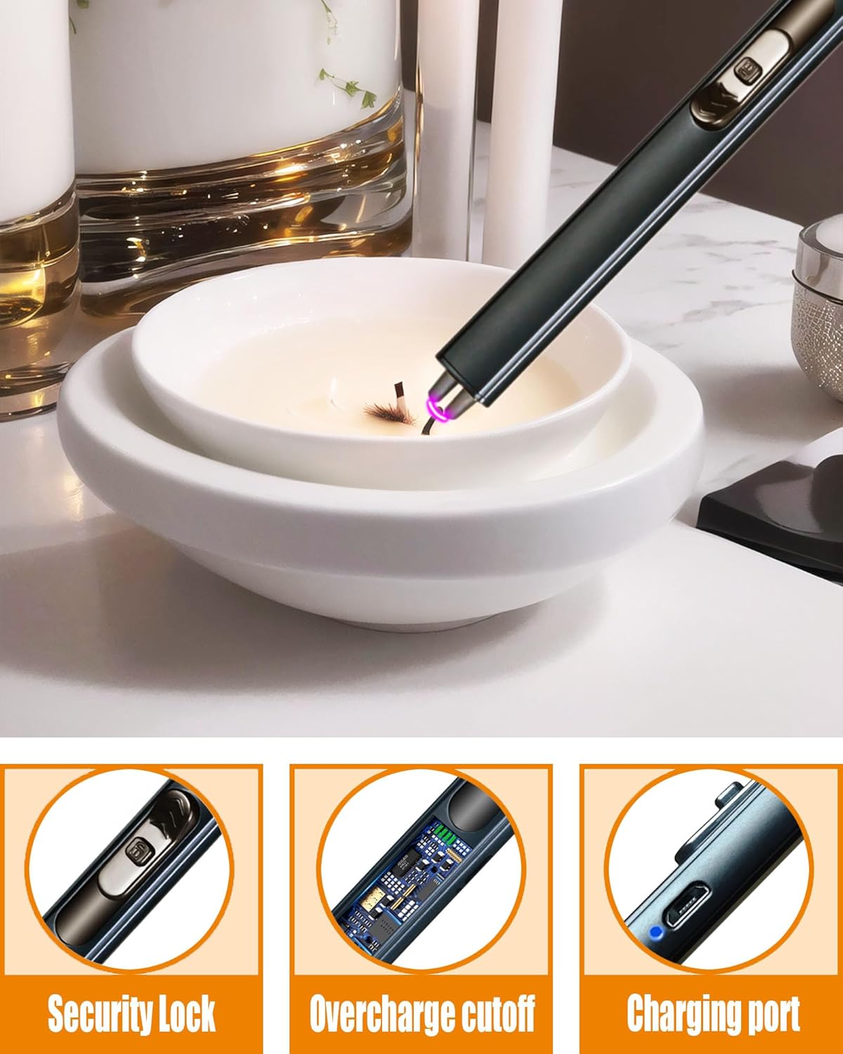 4 in1 Candle Accessory Set with Rechargeable Candle Lighter, Candle Wick Trimmer, Candle Wick Snuffer, Candle Wick Dipper, Candle Care Kit (Matte Black)