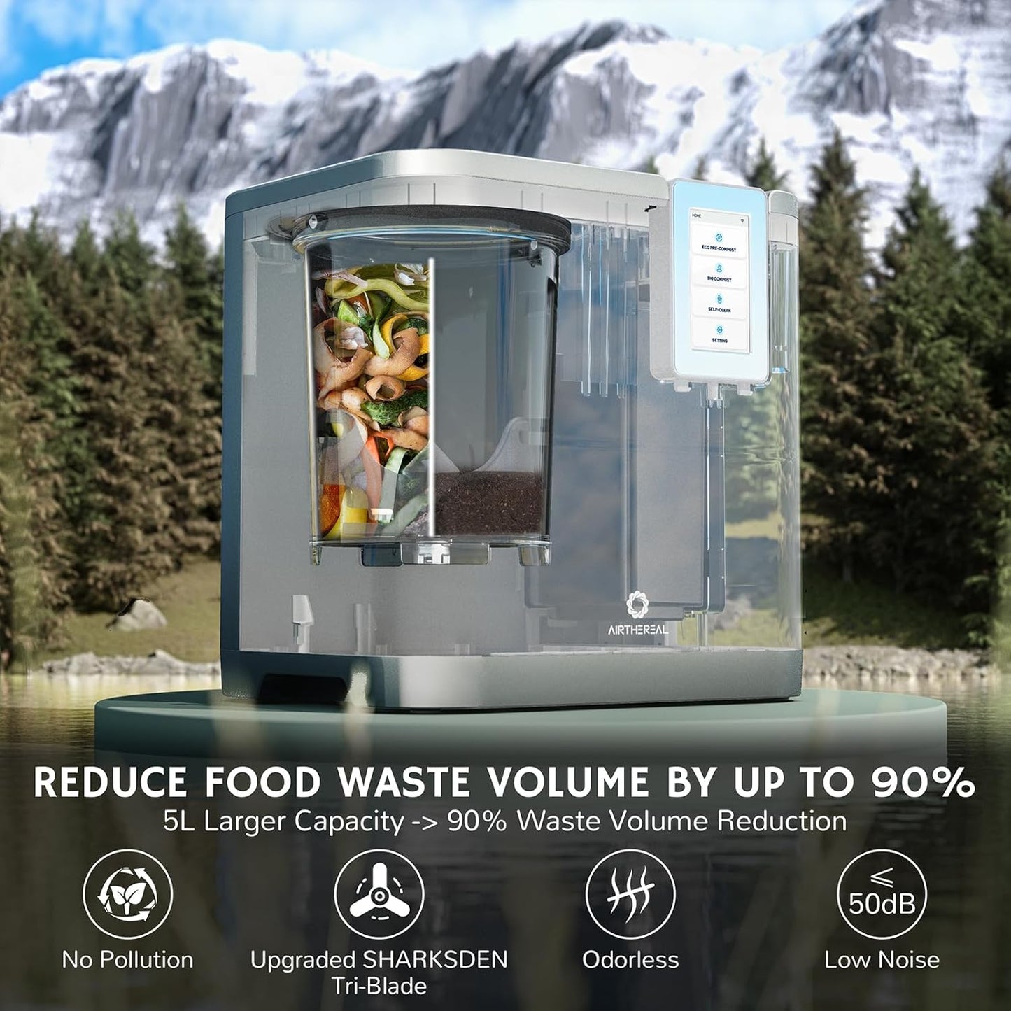 Airthereal Revive R800 5L Smart WiFi Electric Kitchen Composter - Odorless, Self-Cleaning, 3 Modes for Efficient Composting, Reduces Food Waste by 90%, App-Connected for Carbon Footprint Data