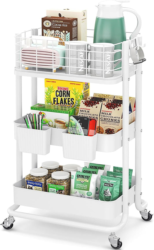 KINGRACK 3 Tier Rolling Cart, Metal Mobile Storage Shelf with Lockable Wheels, Prevent Falling Utility Trolley Cart, Storage Organizer for Kitchen, Office, Bathroom, Dorm, White