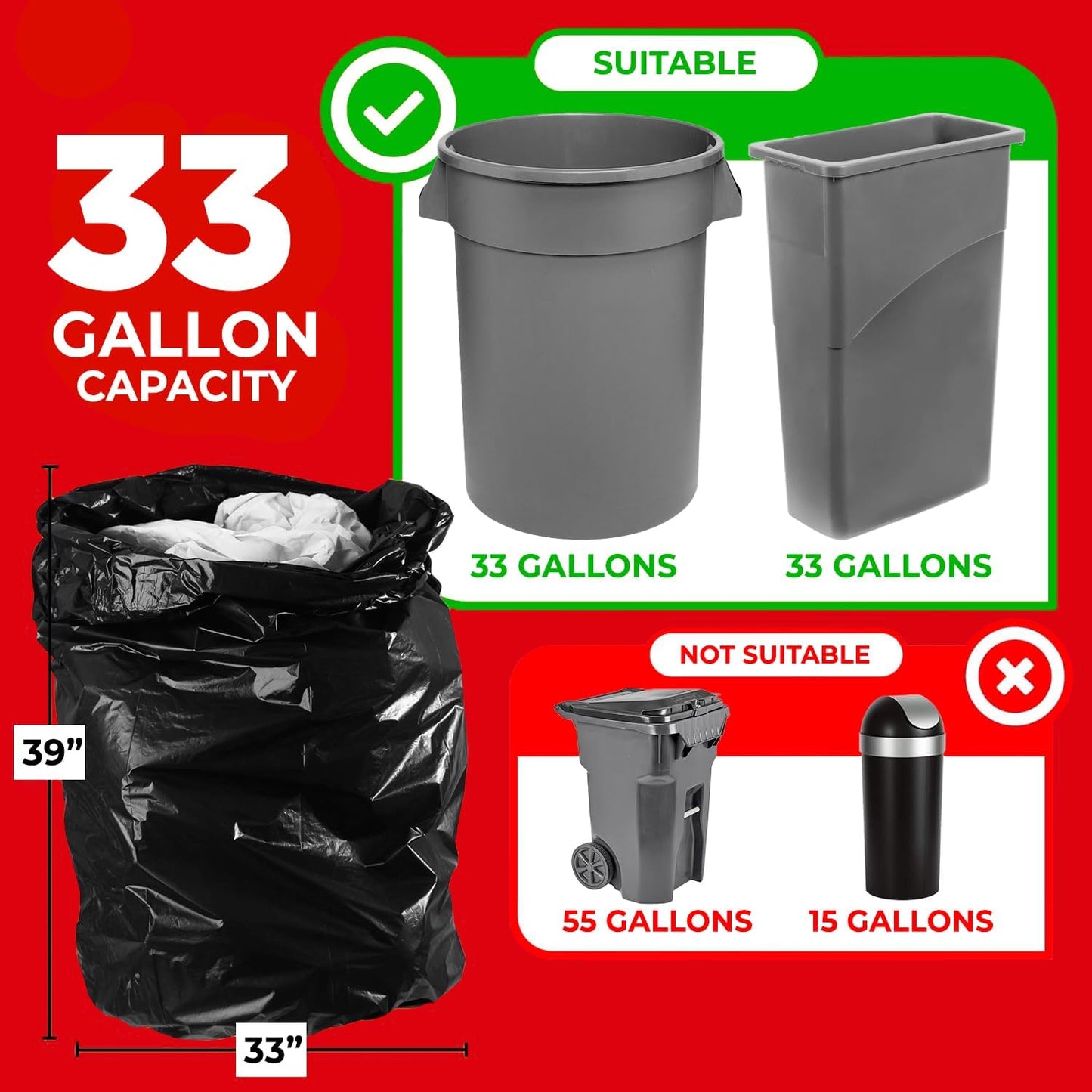 ToughBag 30-33 Gallon Heavy Duty Trash Bags (100 Count) – 33x39" Large Can Liners – Made in USA
