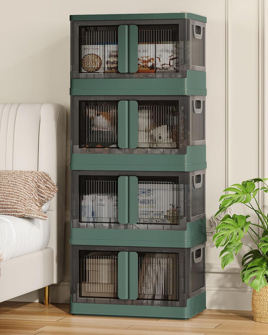 8.4Gal Collapsible Storage Bins with Lids & Wheels - 4 Pack Stackable with Doors, Heavy-Duty Plastic Containers for Home/Office, Green