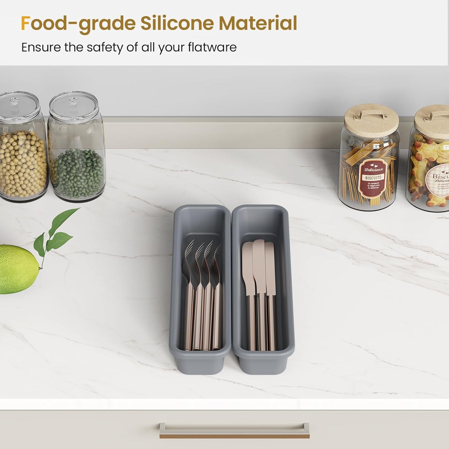 2 Pack Silicone Silverware Drawer Organizer, DIY Free Combination Kitchen Drawer Organizer, Utensil Organizer, Moisture-proof and Heat-resistant up to 200°C, Anti-slip and Environmentally (Grey)