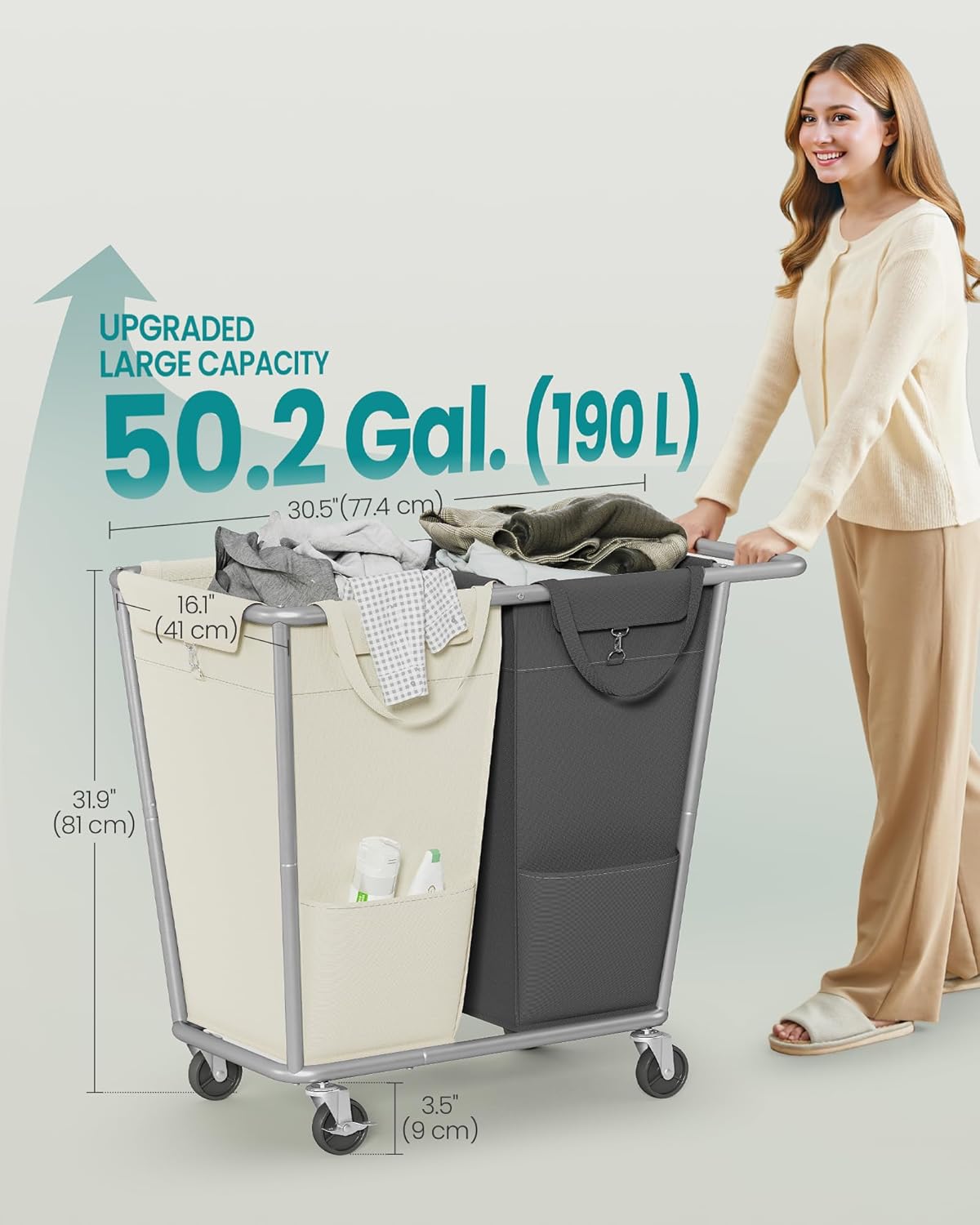SONGMICS Laundry Basket with Wheels, 50.2 Gallons (190 L), 2-Section Rolling Laundry Hamper with Removable Bags, Heavy-Duty Steel Frame with Handle, Cream White and Dark Gray URLS009X01