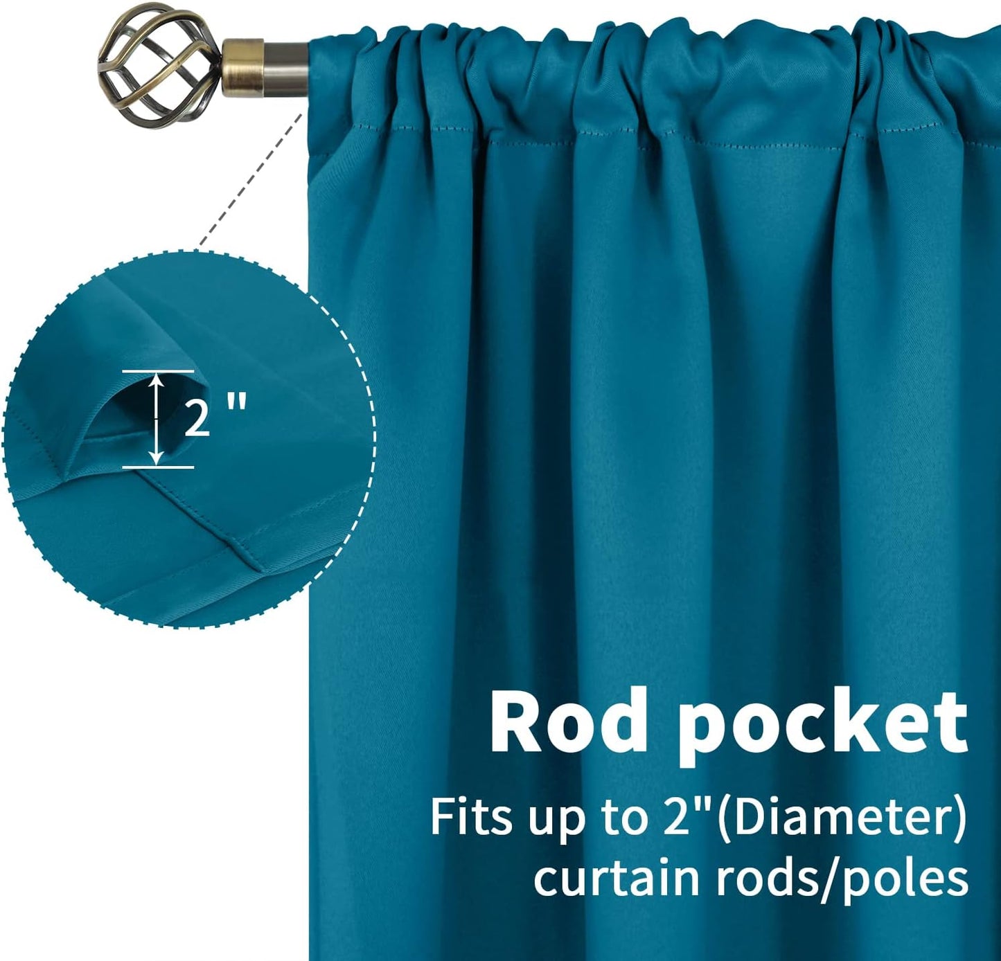 BGment Rod Pocket Blackout Curtains for Bedroom - Thermal Insulated Room Darkening Curtains for Living Room, Peacock Blue, 52 x 63 Inch, 2 Panels
