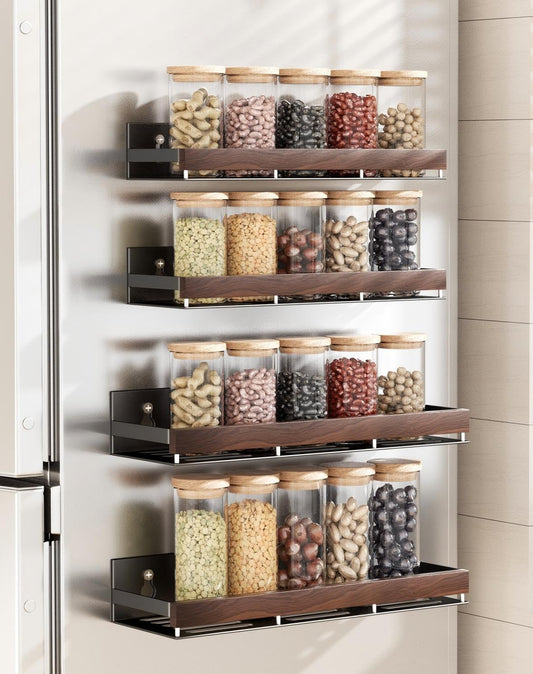 Walnut Magnetic Spice organizer for Refrigerator Wall Mount Spice Rack Magnetic Fridge Shelf Spice Jar Seasoning Organizer (4 PSC)