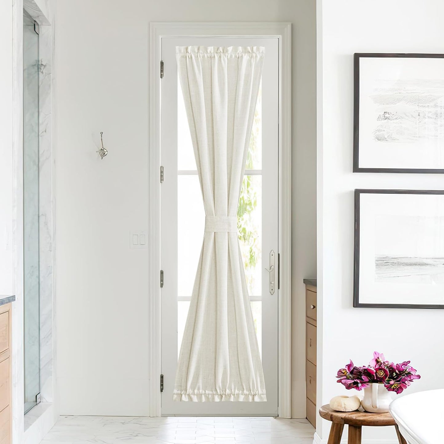 NICETOWN Sheer Door Curtains for Window, Farmhouse Sidelight Window Treatment Curtains for Narrow Glass Door/Kitchen/Front Door Linen Textured 26 x 80 Inches with Tieback, Linen, 1 Panel