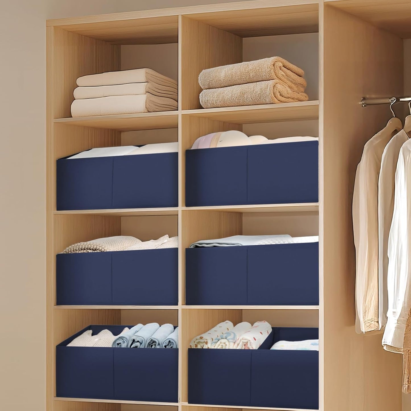 DIMJ Large Closet Shelf Organizer Bins 8Packs with Handles and Divider, Fabric Trapezoid Storage Baskets, Foldable Clothes Containers Box for Shelf, Towel, Book, Toy, Purse, Hats, Navy Blue