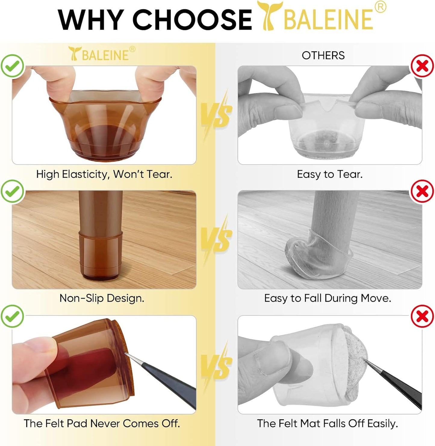 BALEINE 16 Pack Silicone Chair Leg Floor Protectors, Stool Leg Protectors Cap, Non-Slip Chair Leg Caps for Hardwood Floors (Brown & Small, 16 Pack)