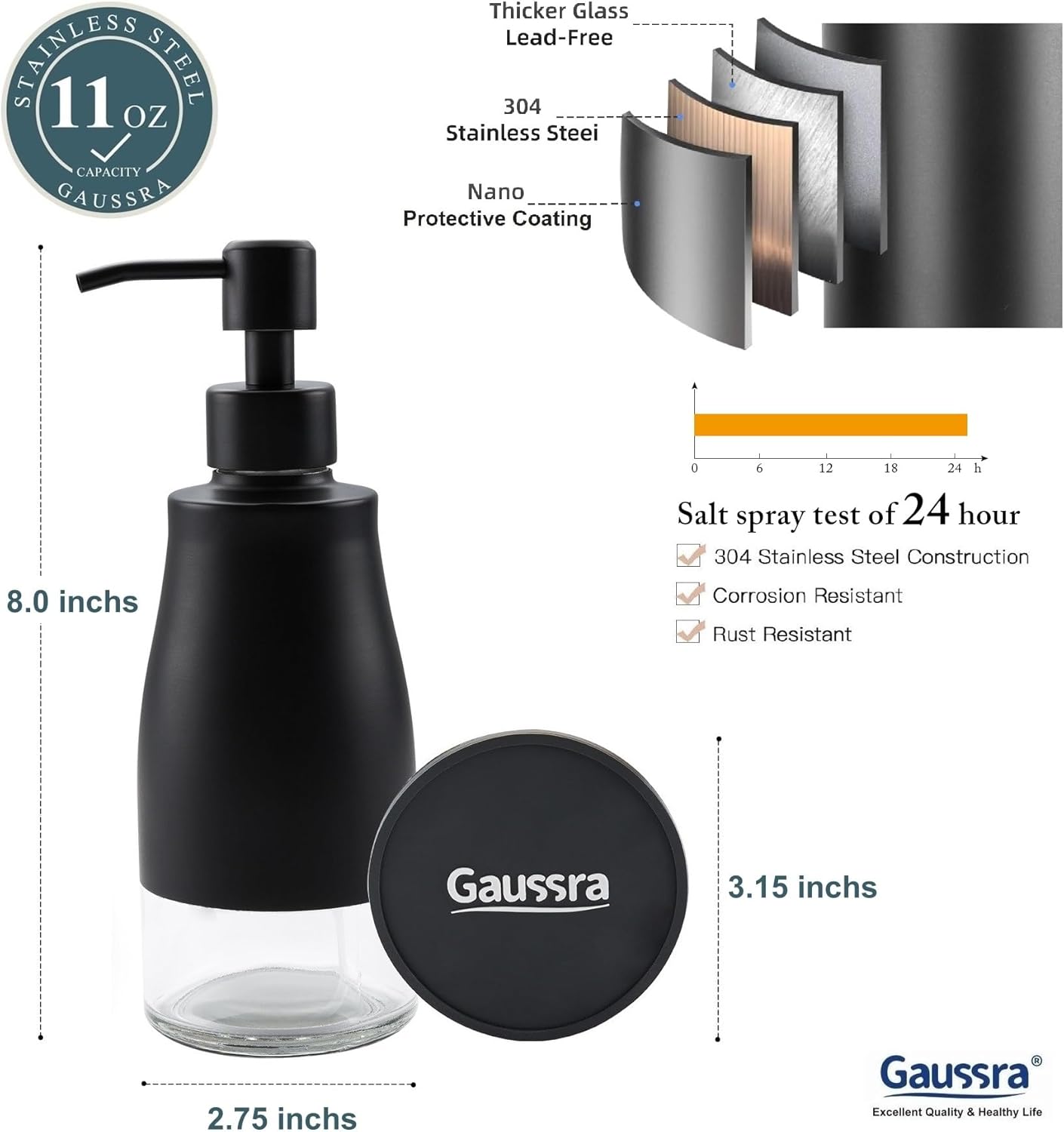 Gaussra Black Soap Dispenser with Coaster and Stickers, Dish Soap Dispenser for Kitchen, Hand Soap Dispenser for Bathroom, 304 Stainless Steel Glass Lotion Dispenser (2 Pack)