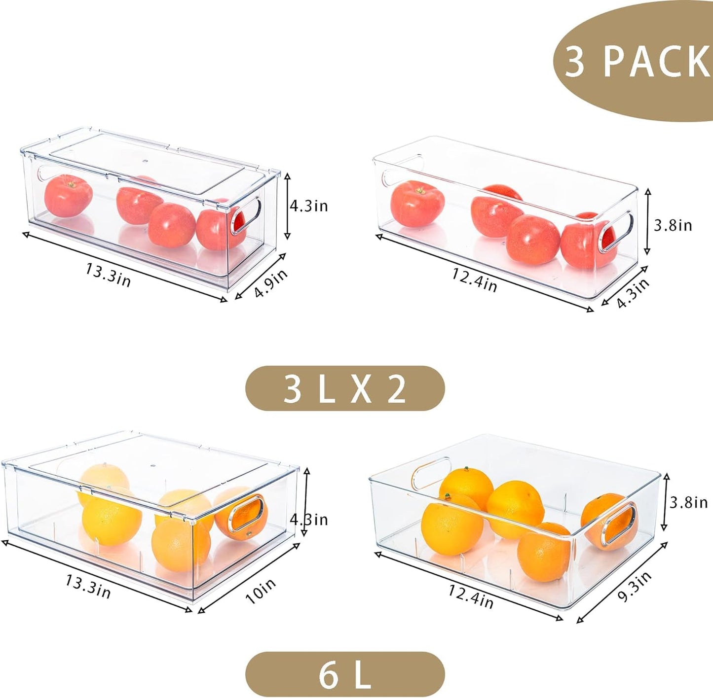 MineSign Set of 3 Stackable Refrigerator Organizer Bins Pull-Out Drawers for Fruit and Veggies Divided Storage Organizer for Fridge Clear Drawer Containers with Handle for Produce Saver, Eggs, Snack