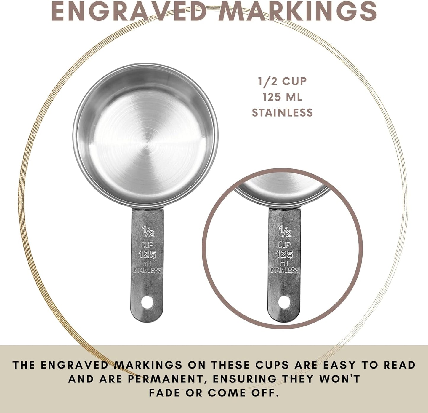 1/2 Cup Stainless Steel Measuring Cup | Sturdy Metal 125 ml | 125 cc | 4 oz | Single Cup for Wet and Dry Ingredients | Great for use as 1/2 Cup Dog Food Scoop - 1 PK