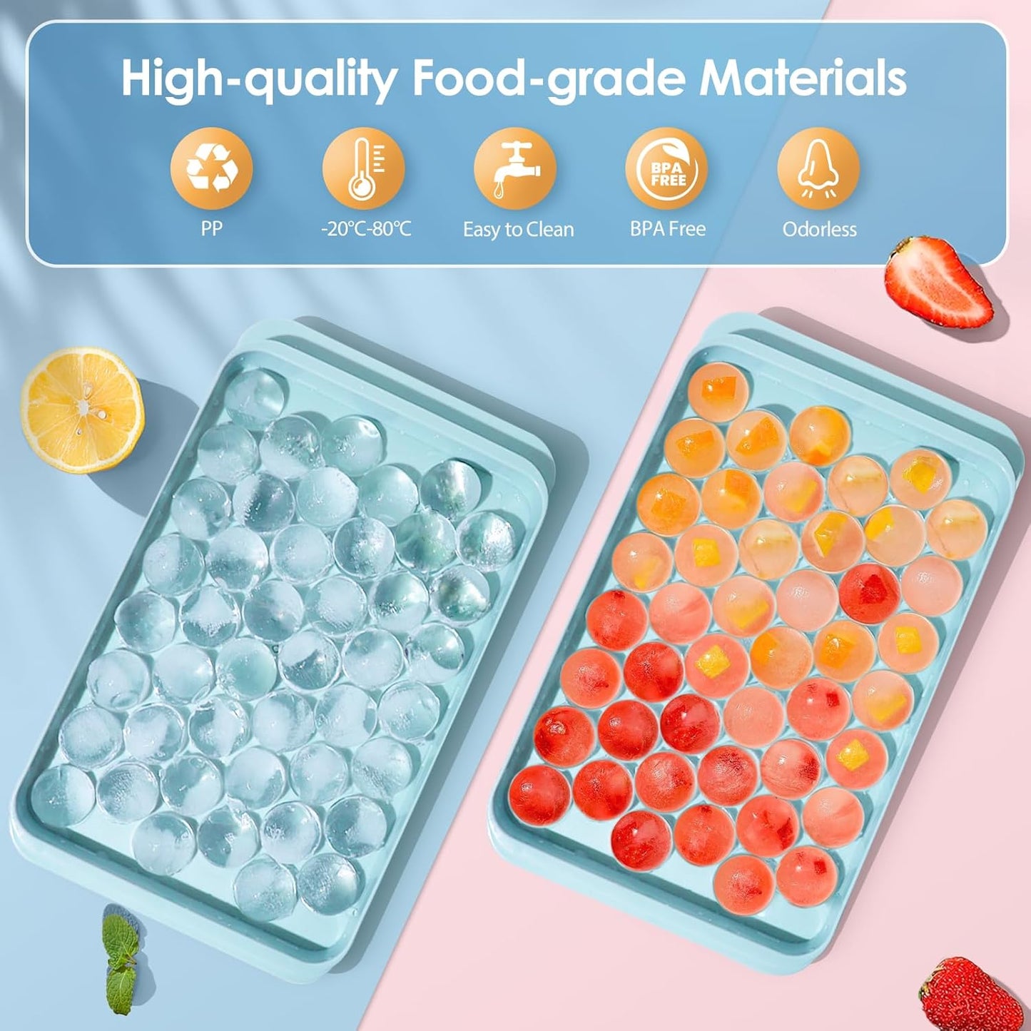 WIBIMEN Ice Cube Tray with Lid and Bin - Round Ice Trays for Freezer with Lid - Ice Cube Trays for Freezer with Ice Container (0.8"-2PACK Blue)