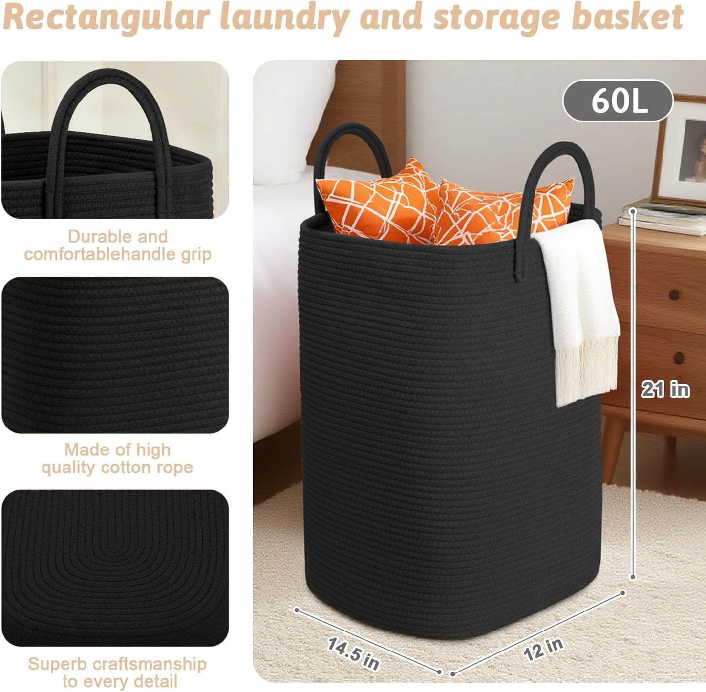 Laundry Basket,Woven Cotton Rope Laundry Hamper,60L Versatile Storage for Dirty Clothes,Baby Toys,and Blankets in Bathroom, Nursery,and Living Room