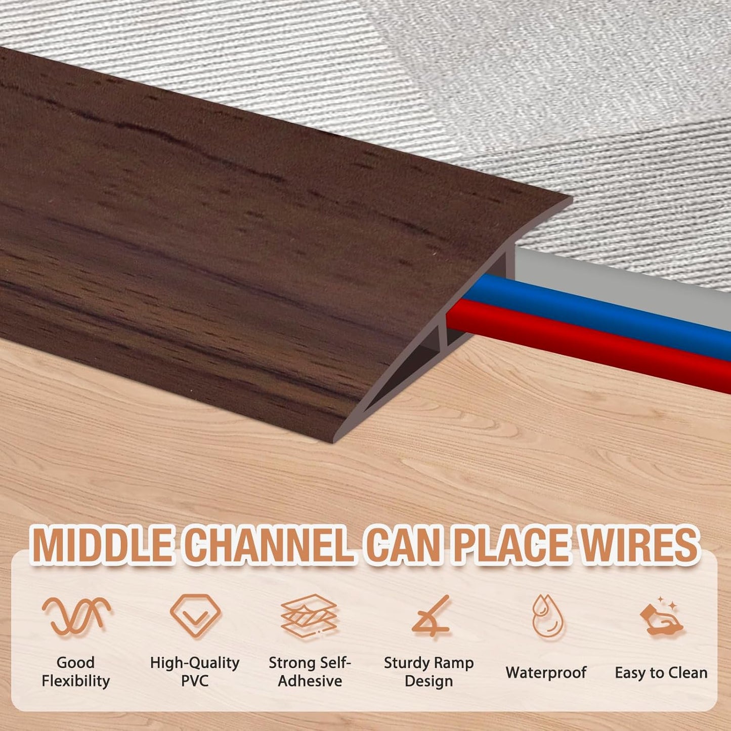 Floor Transition Strip Self Adhesive Vinyl Door Threshold for Doorways Carpet Edging Trim Overlap Edge Reducer for Laminate Floor, Carpet, Tile (Deep Brown Wood Grain, 1/5" to 2/5", 3.3Ft)
