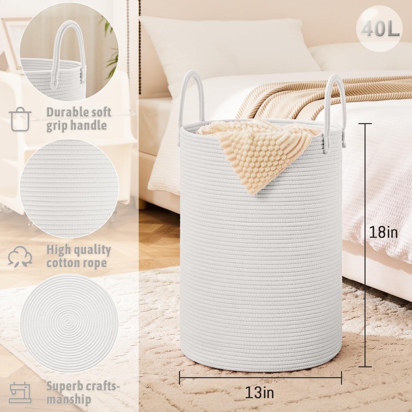 Laundry Basket,Woven Cotton Rope Laundry Hamper,40L for Decorative Storage of Dirty Clothes,Toys and Blankets in Bathroom,Baby Room and Living Room