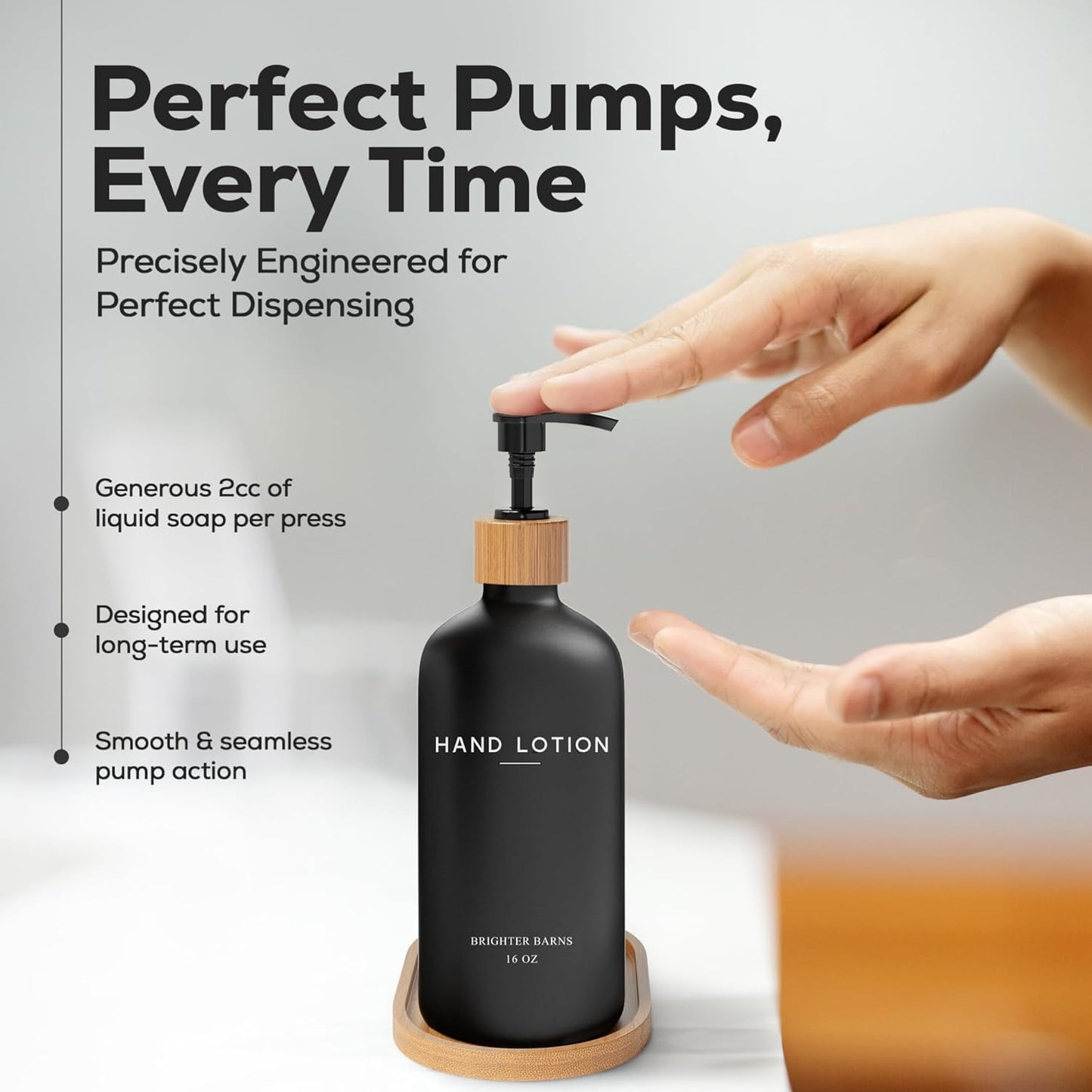 Black Glass Lotion Dispenser with Pump by Brighter Barns - Hand Lotion Dispenser Bathroom Set with Tray - Luxury Bathroom Accessories Set, Modern Home Decor for Spa, Office, Living Room, Hotel (Black)