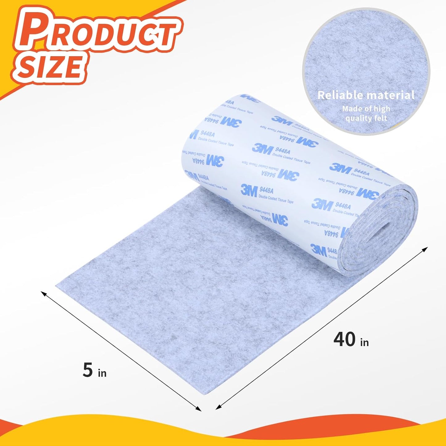 Felt Furniture Pads, Non Slip Self Adhesive Cuttable Felt Tape Gray Heavy Duty Felts Strip Roll for Protecting Hardwood Floors Chair Wall Protector (40 x 5 x 0.12 Inch)