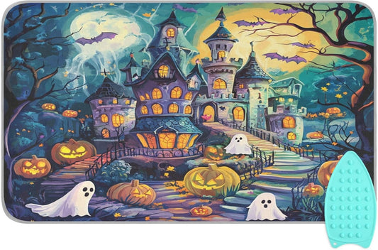 Cute Cartoon Halloween Bat Castle Ghost Pumpkin Ironing Mat Thickened Ironing Blanket Travel Portable Double-Side Using Ironing Pad Travel Isolate Heat Pad Cover for Washer Dryer Table Top Coun