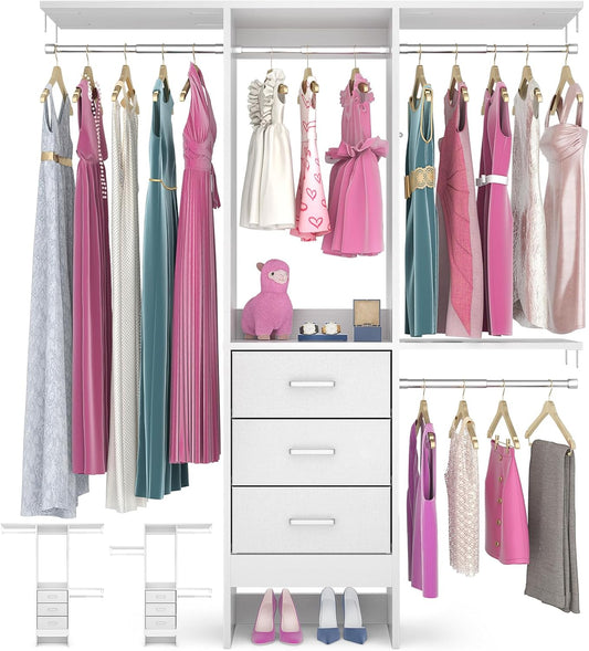 4FT Small Closet System with 3 Fabric Drawers, 48'' Closet Organizer System With 3 Adjustable Shelves, Flexible Built-In Clothes Garment Rack for Small Space, 48" L x 13" W x 71" H, White