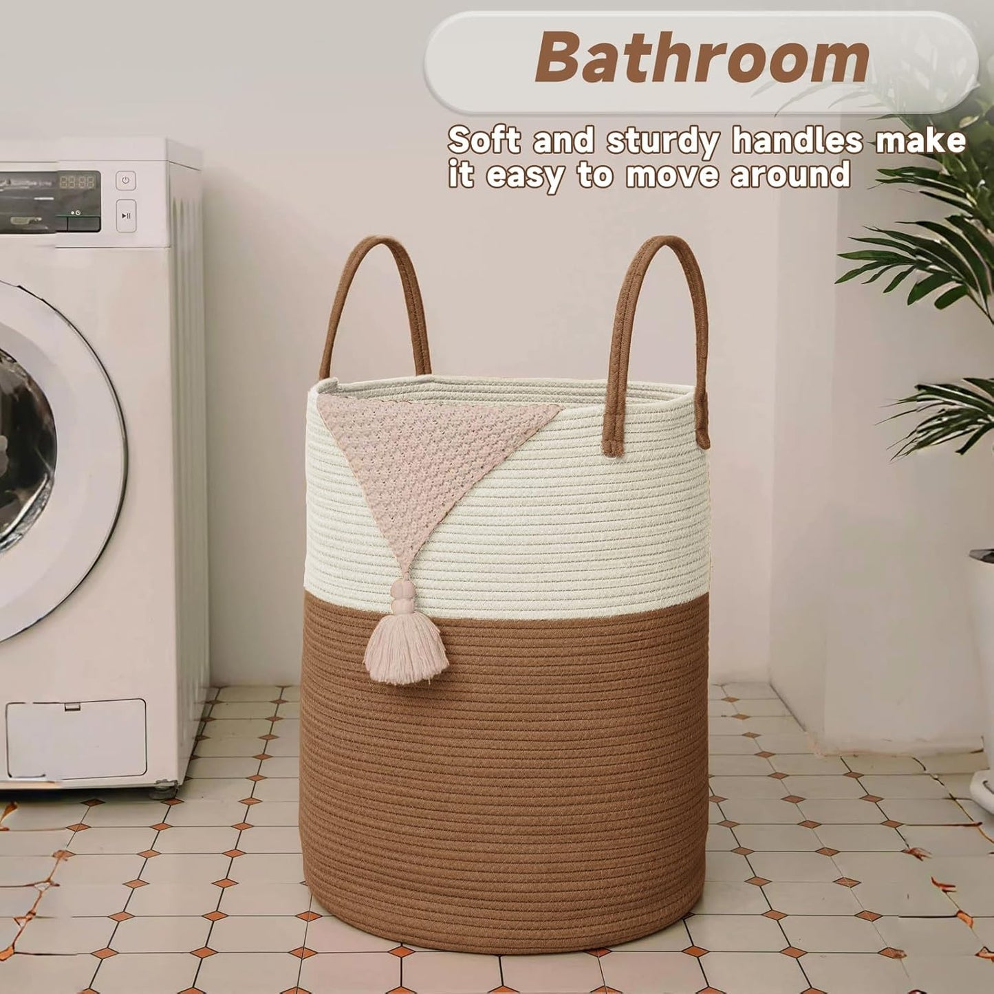 Large Woven Laundry Basket Hamper,80L Cotton Rope Storage Bin for Blankets,Toys and Clothes,Decorative Tall Nursery Hamper for Living Room,Baby Nursery,Bathroom and Bedroom,White and Brown