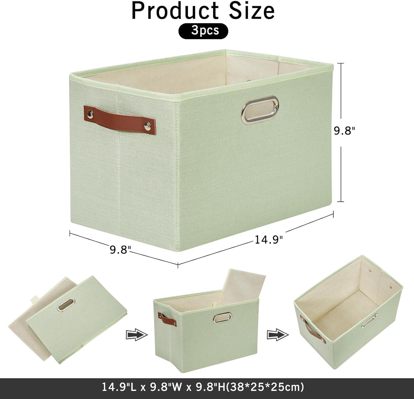 Large 3-Pack Foldable Fabric Storage Bins with Durable PU & Metal Handles, Collapsible Storage Baskets for Shelves, Home Storage, Closet Organizers, Living Room(14.9"x9.8"x9.8", Sage Green)