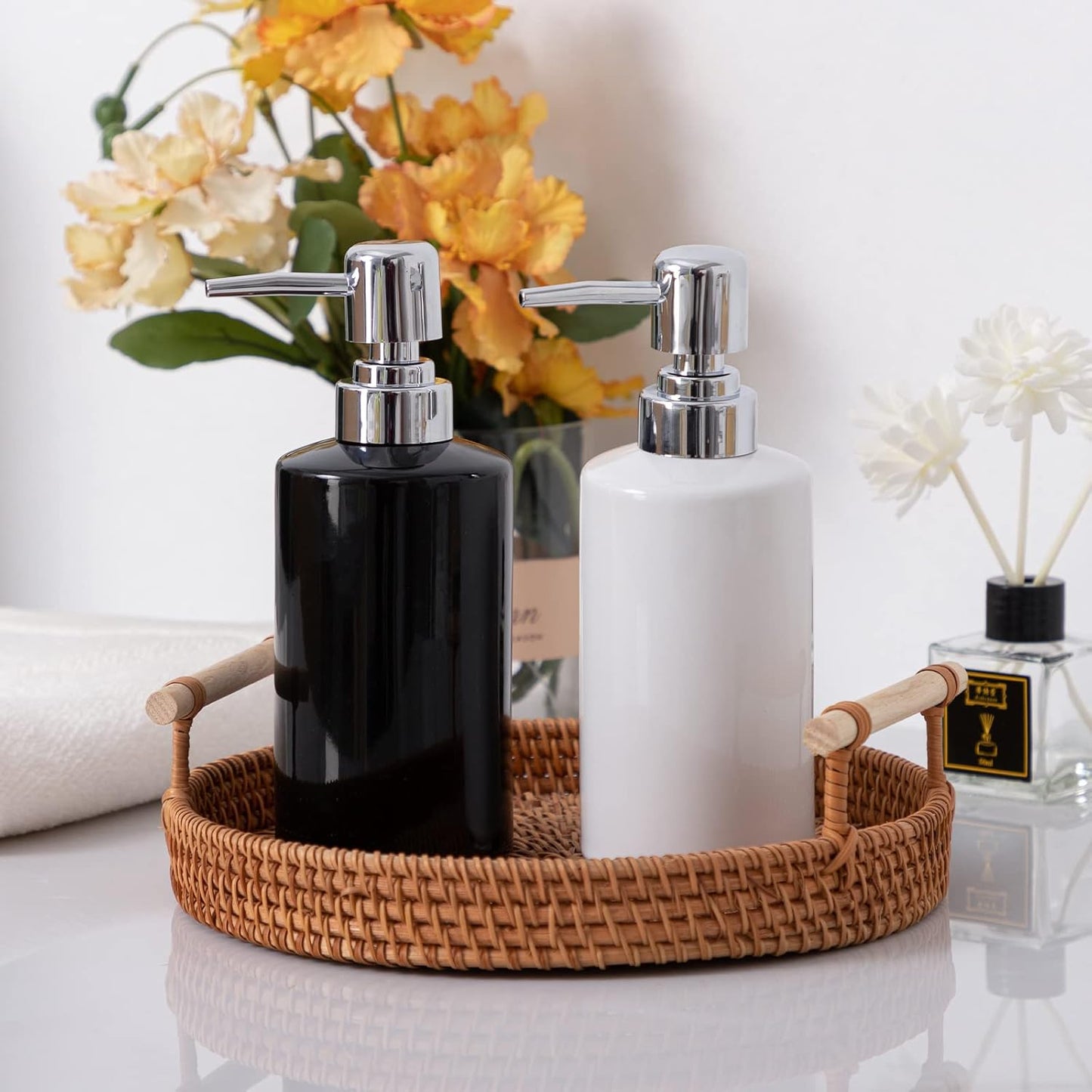 FE Soap Dispenser, 300ml/10oz Ceramic Liquid Soap Pump Dispenser, Refillable Dish Soap Dispenser for Kitchen Bathroom Washroom (White)