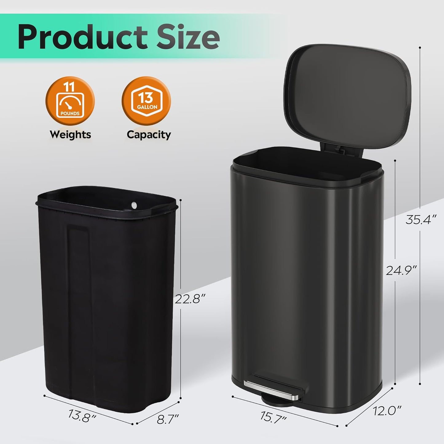 WLIVE 13 Gallon Stainless Steel Trash Can with Inner Bucket, Kitchen Garbage Can with Lid, 50L Soft Close Step Trash Can with Metal Foot for Home, Kitchen, Laundry Room, Office, Black