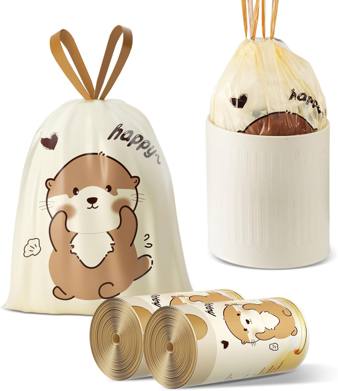 VOK 4 Gallon Trash Bags with Otters Printed, Drawstring Small Garbage Bags, Tear-Resistant & Odor-Control Bathroom/Kitchen Trash Can Liners, Bathroom Trash Bags with Secure Tie, 110 Counts