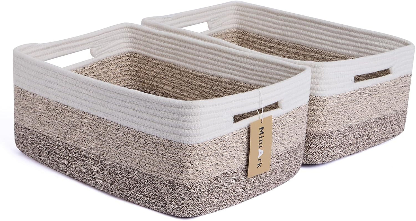 Large Storage Baskets for Shelves, Closet Organizers Bins for Clothes Blanket Towels, Baby Nursery, Toy Baskets Box, Woven Rope Baskets, 17 x 13 x 7.5”, 2 Packs Gradient Brown