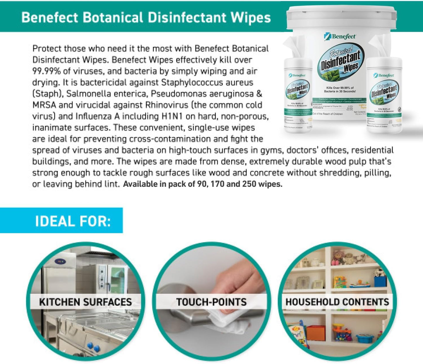 Benefect Botanical Disinfectant Wipes – 750 Sanitizing Wipes. 3 Pack of 250 Wipes Per Unit - High Traffic - Gym Wipes, Schools and Food Safe Cleaning (250, 3)