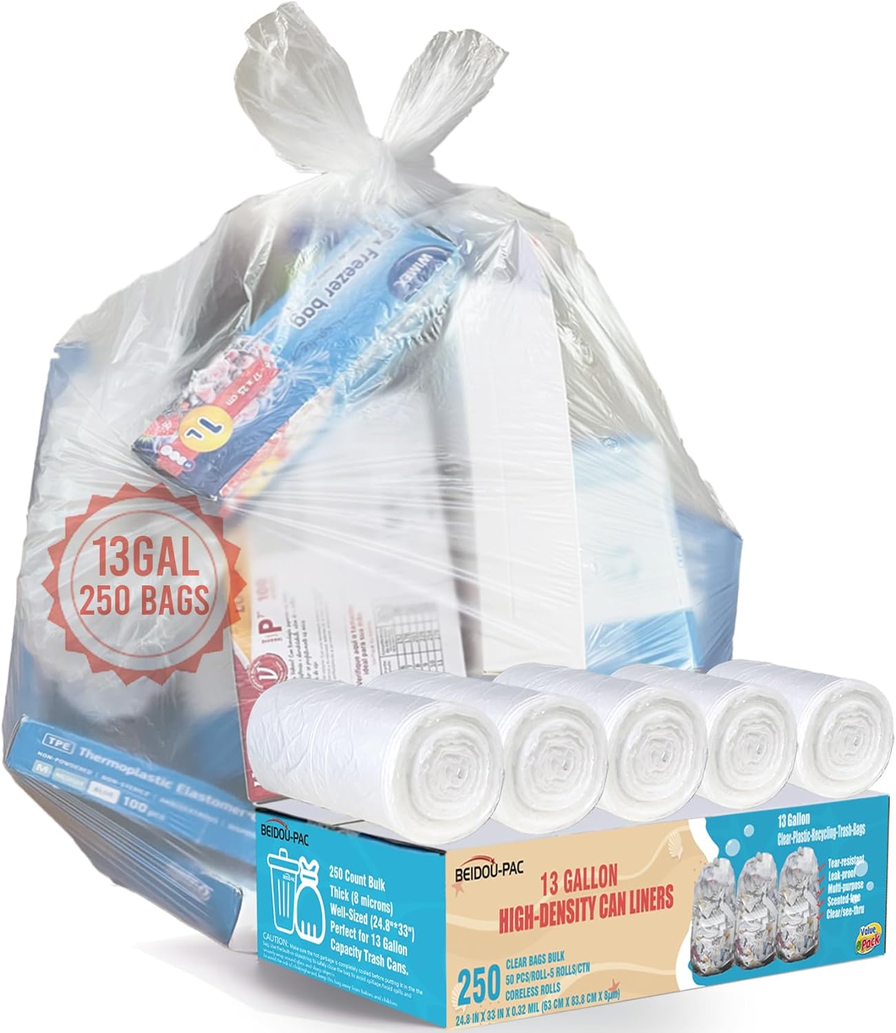 Trash Bags 13 Gallon, 250 Count Bulk, Clear Plastic Recycling Garbage Bags, Multi-purpose Tall Kitchen Trash Bags Can Liners for Business Home Commercial and Industrial