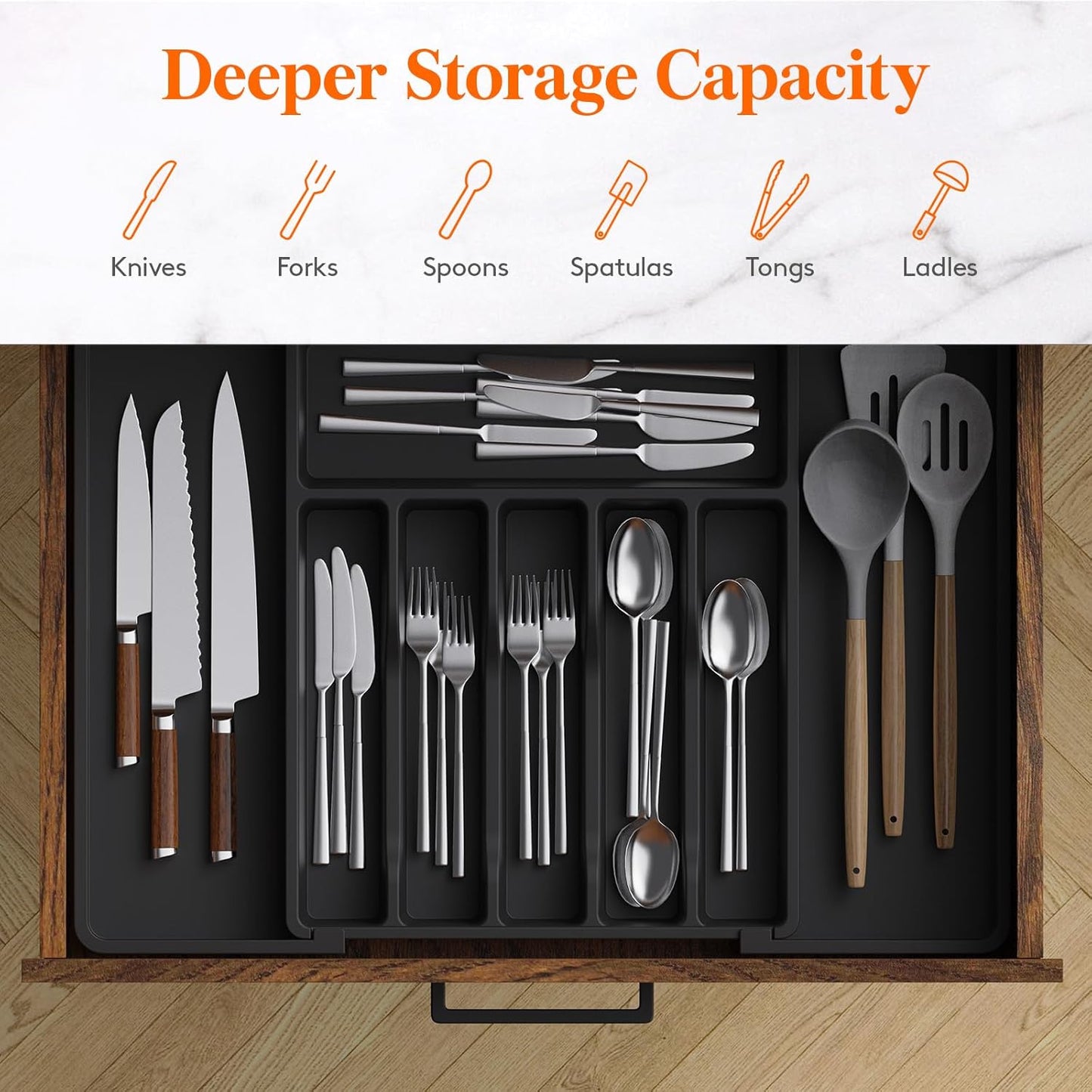 Lifewit Deep Silverware Drawer Organizer for Kitchen, Expandable Utensil Tray, Adjustable Flatware Cutlery Holder, Large Plastic Kitchen Storage for Spoons Forks Knives, 22.4 x 16.7 x 2 inches, Black