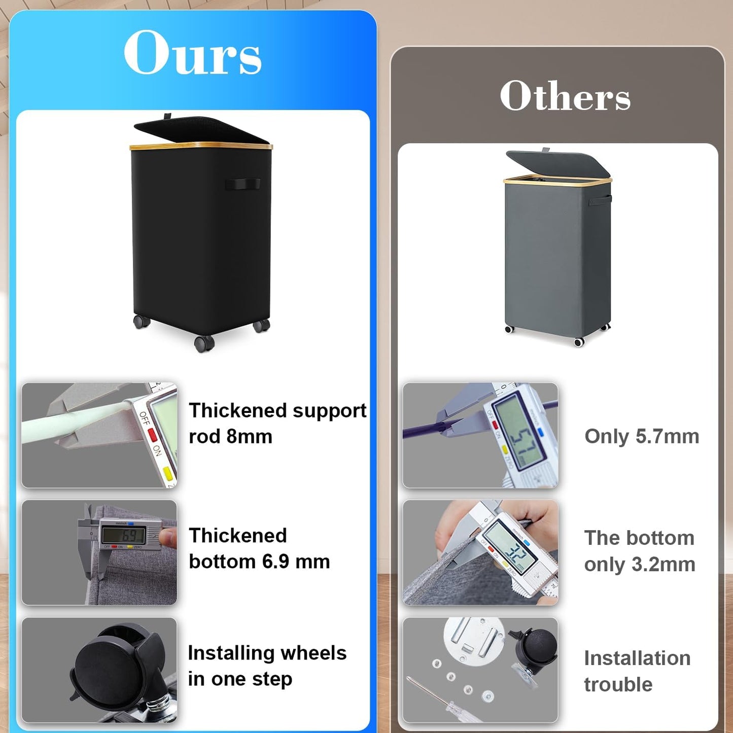 Laundry Hamper with Wheels,29 Gal (110L) Laundry Basket with lid Rolling Clothes Hamper Foldable Dirty Clothes Basket on wheels with Bamboo Frame and Bag for Bedroom, Dorm, Laundry Room-Black