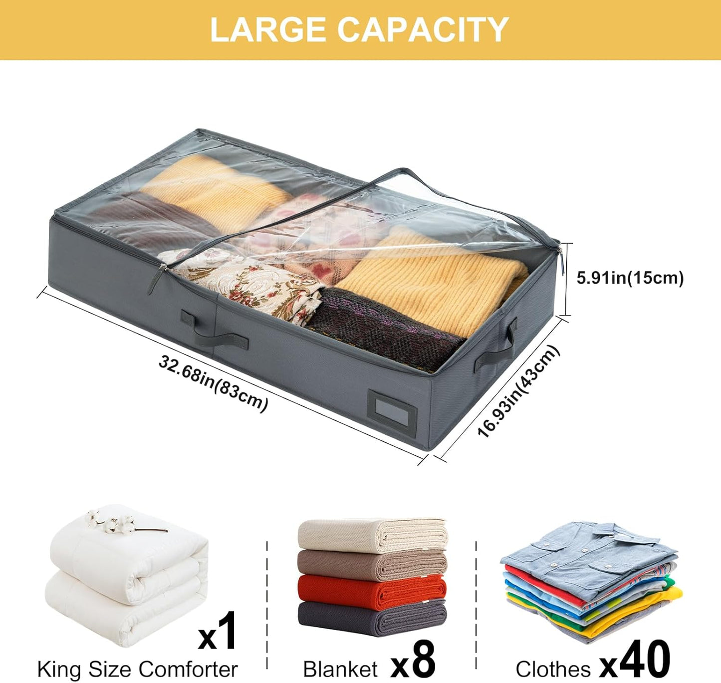 6-Inch Under Bed Storage Containers (2-Pack) | Sturdy Sidewalls | Clear Cover & Label Holder | Foldable Closet Organizer | Stores Clothing/Blankets/Sweaters/Sheets