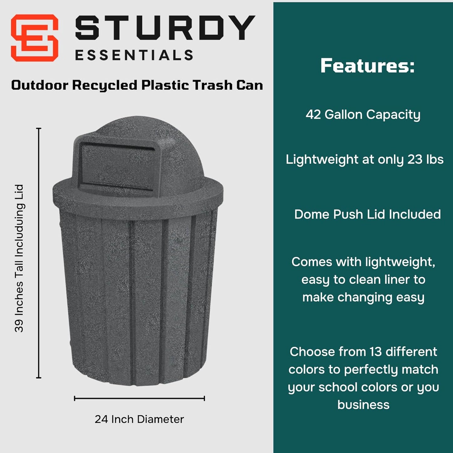 42 Gallon Slated Circle 100% Recycled Plastic Heavy Duty Outdoor Trash Can with Push Open Dome Lid and Internal Liner - Great for Schools and Businesses - Dark Granite