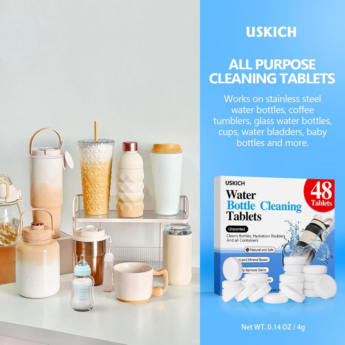 USKICH 48 Pack Water Bottle Cleaning Tablets,Water Bottle Cleaner Great for Stainless Steel, Thermos, Tumbler, Insulated and Reusable Water Bottles,Removes Stubborn Stains and Odors