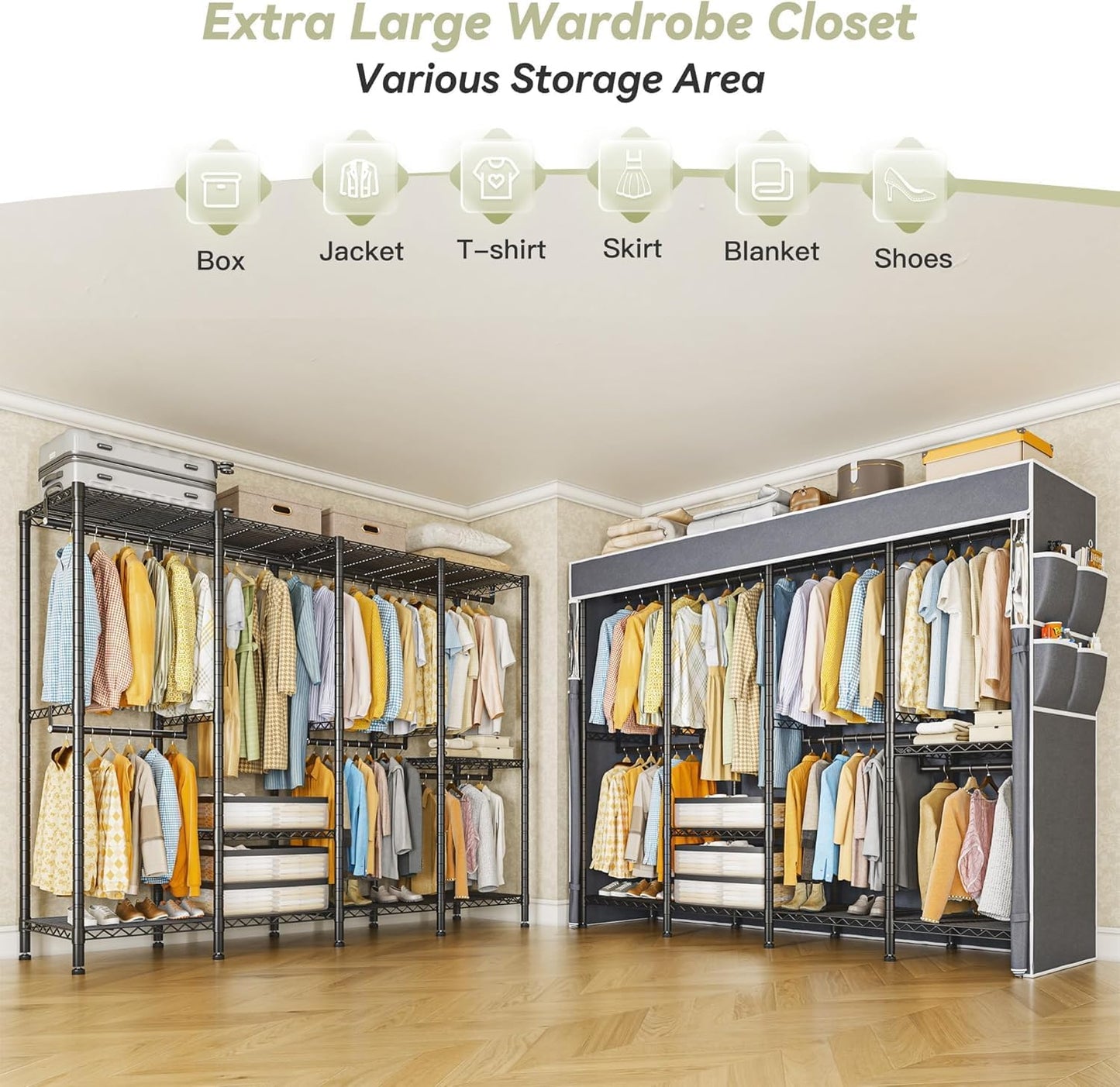 Raybee Clothes Rack with Cover,1150LBS Heavy Duty Clothing Rack for Hanging Clothes,Adjustable Portable,18" D x 76" W x 77" H,Black