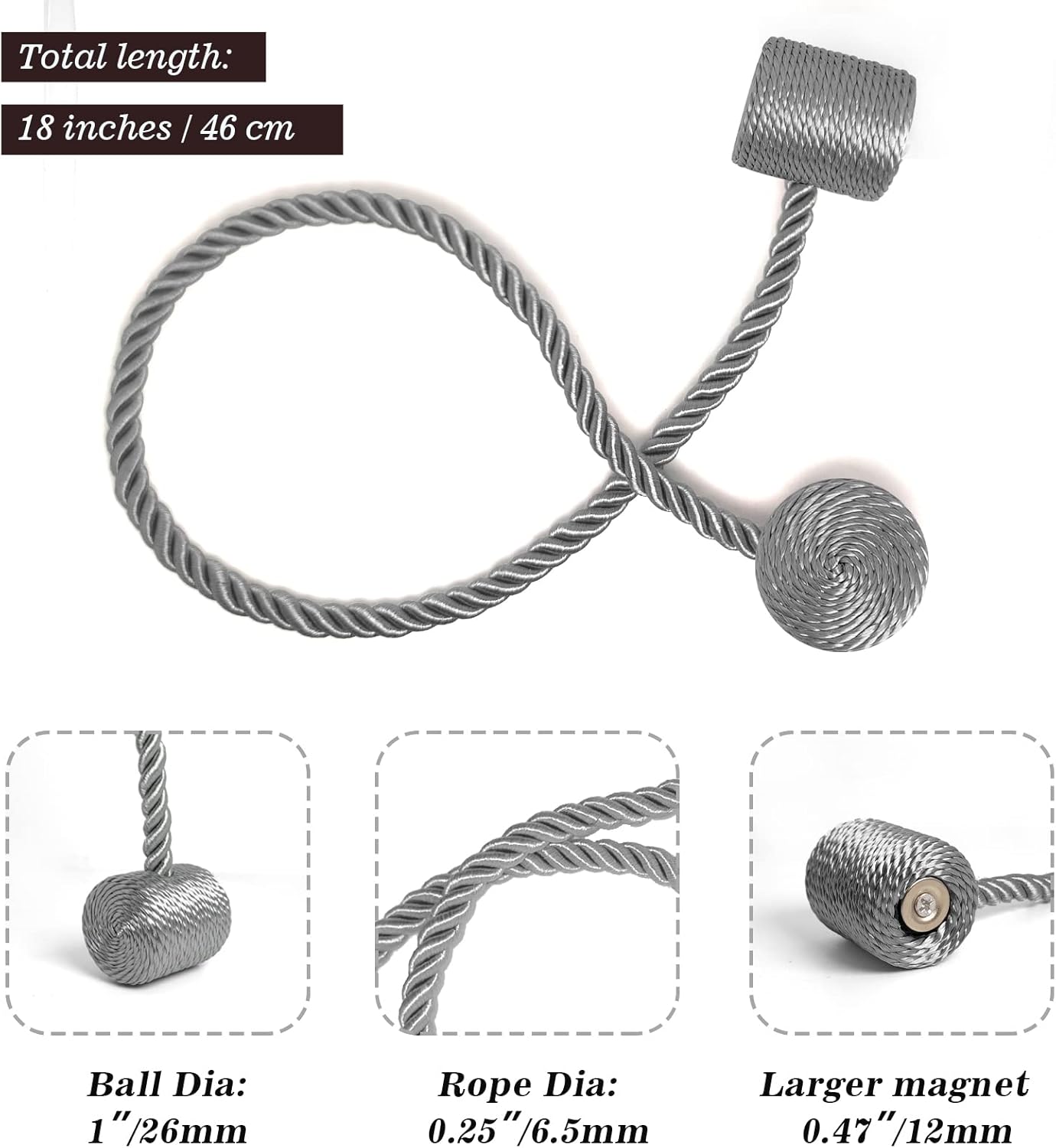 Hion Magnetic Curtain Tiebacks Grey 6 Pack, Curtain Tiebacks Buckles Holdbacks Holders Hooks Clip for Home Bedroom Office Decorative Thick or Thin Curtain