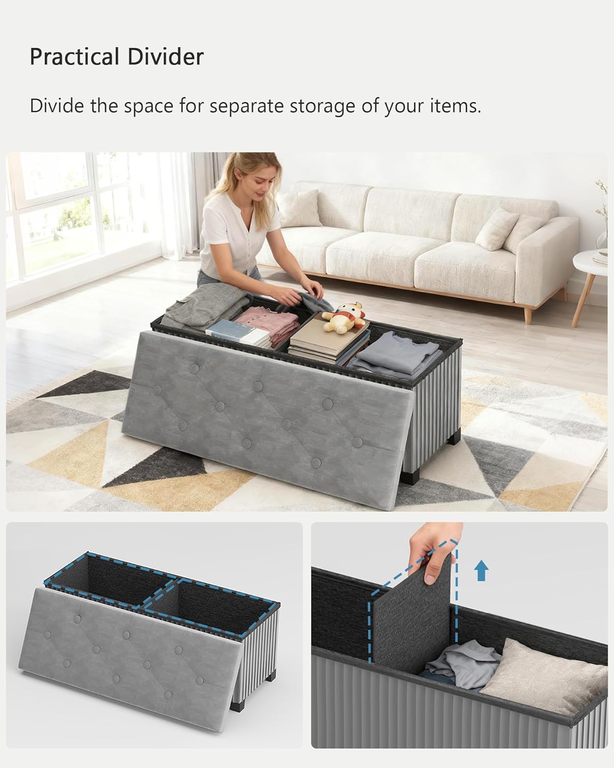 Storage Ottoman Bench, 43 Inch Foldable Ottoman with Legs, Velvet Foot Rest Stool, End of Bed Bench, Storage Chest for Living Room, Bedroom (Grey)