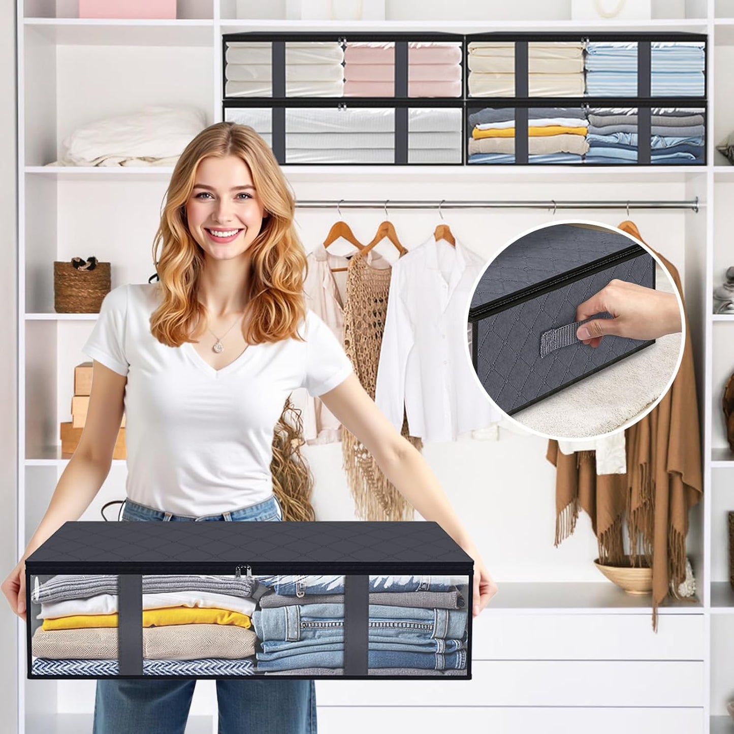 StorageRight Under Bed Storage Bins, 8-Pack 40L Foldable Fabric Storage Bags with Transparent Window, Breathable Organizer for Clothes/Blanket/Comforter/Quilt, Grey