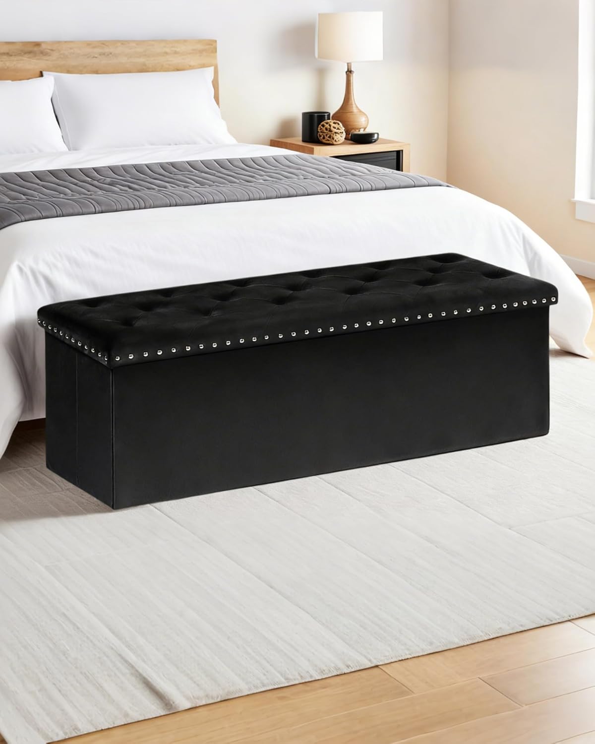 Velvet Storage Ottoman Bench, 43.3" Folding Ottoman with Rivet Trim, Heavy-Duty Upholstered Entryway Bench, Sturdy Footrest and Seat for Bedroom, Living Room, Holds up to 660 LBS, Black