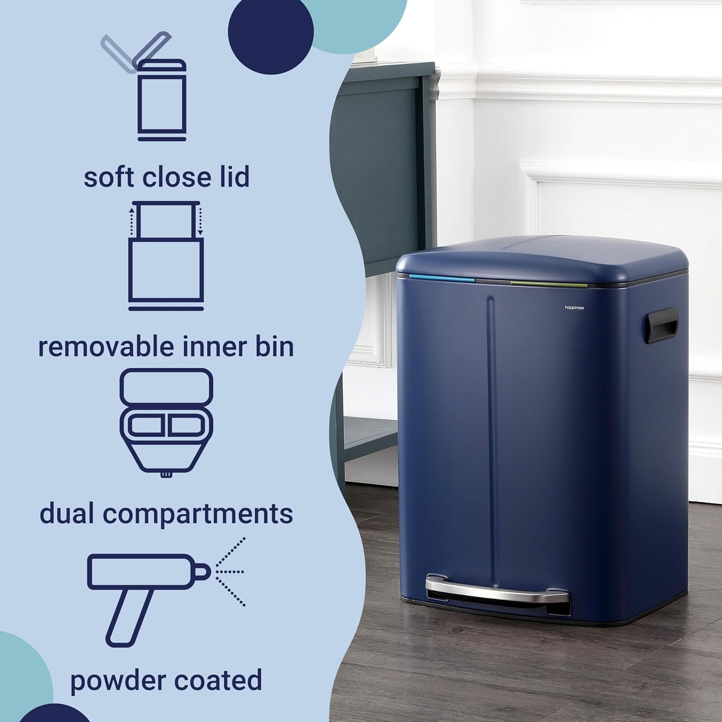 happimess HPM1005J Marco Rectangular 10.6-Gallon Double Bucket Trash Can with Soft-Close Lid, Denim Blue,with Soft-Close Lid, Modern, Minimalistic for Home, Kitchen, Office, Bedroom, Bathroom