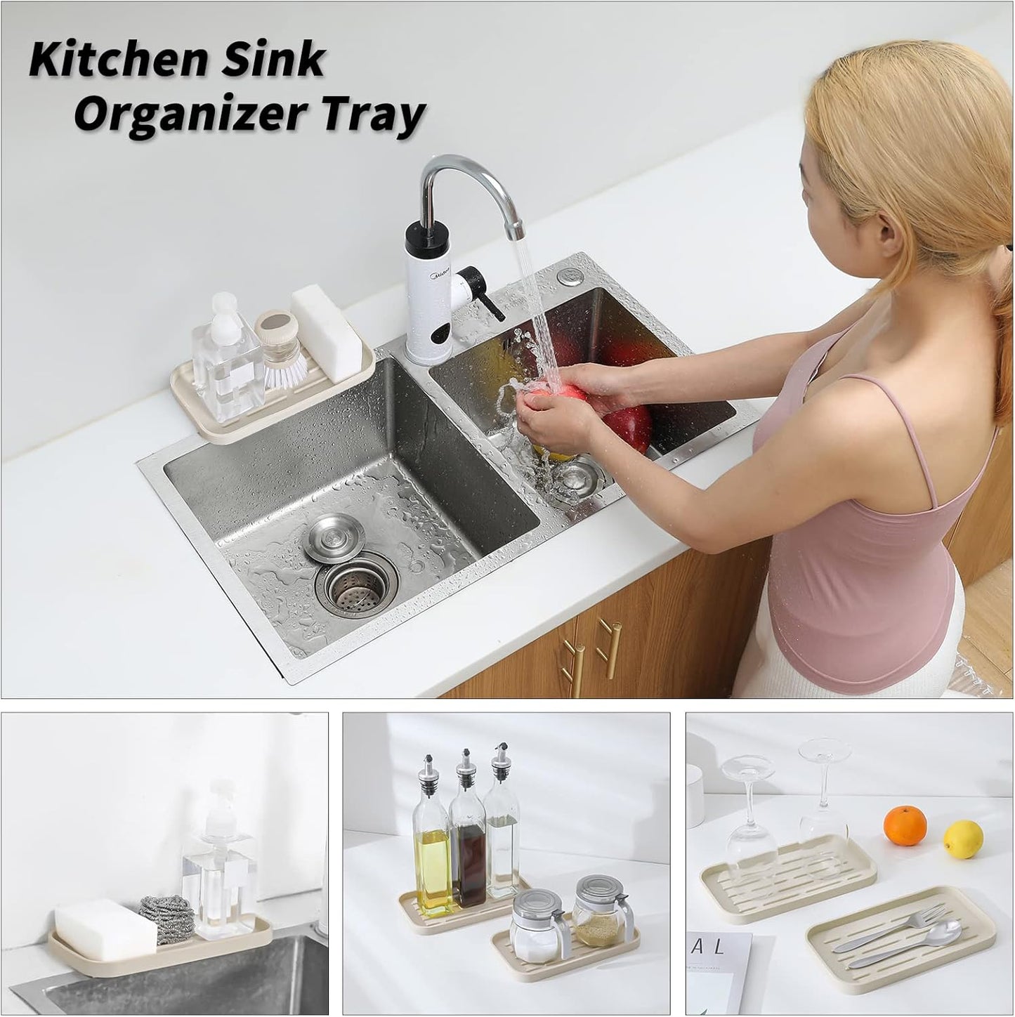 Silicone Kitchen Sink Organizer Tray for Multiple Usage,Eco-Friendly Sponges Holder for Kitchen Bathroom Counter or Sink,Dish Soap Dispenser,Scrubber,Bottle,Cup (Tapioca, 10"×5.3")