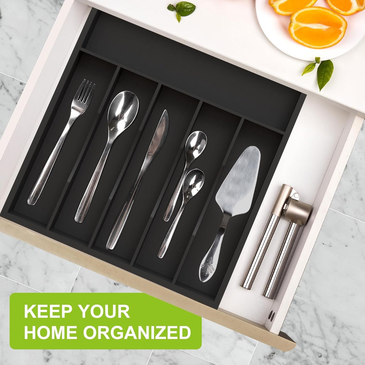 Sliverware Organizer, Bamboo Kitchen Drawer Organizer, Flatware Organizer Tray Holder for Sliverware, Utensil & Cutlery (7 Slots, Black)