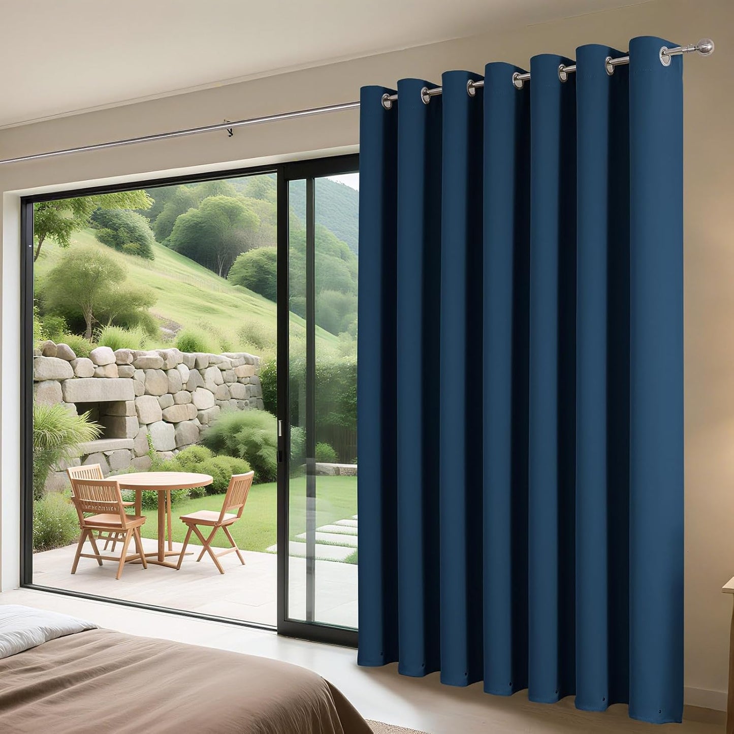 Joydeco Blackout Patio Sliding Door Curtains 108 Inches Long, Grommet Privacy Room Divider Curtains, Extra Wide Thermal Blackout Drapes for Bedroom Living Room (Navy Blue, 100Wx108L, 1 Panel)