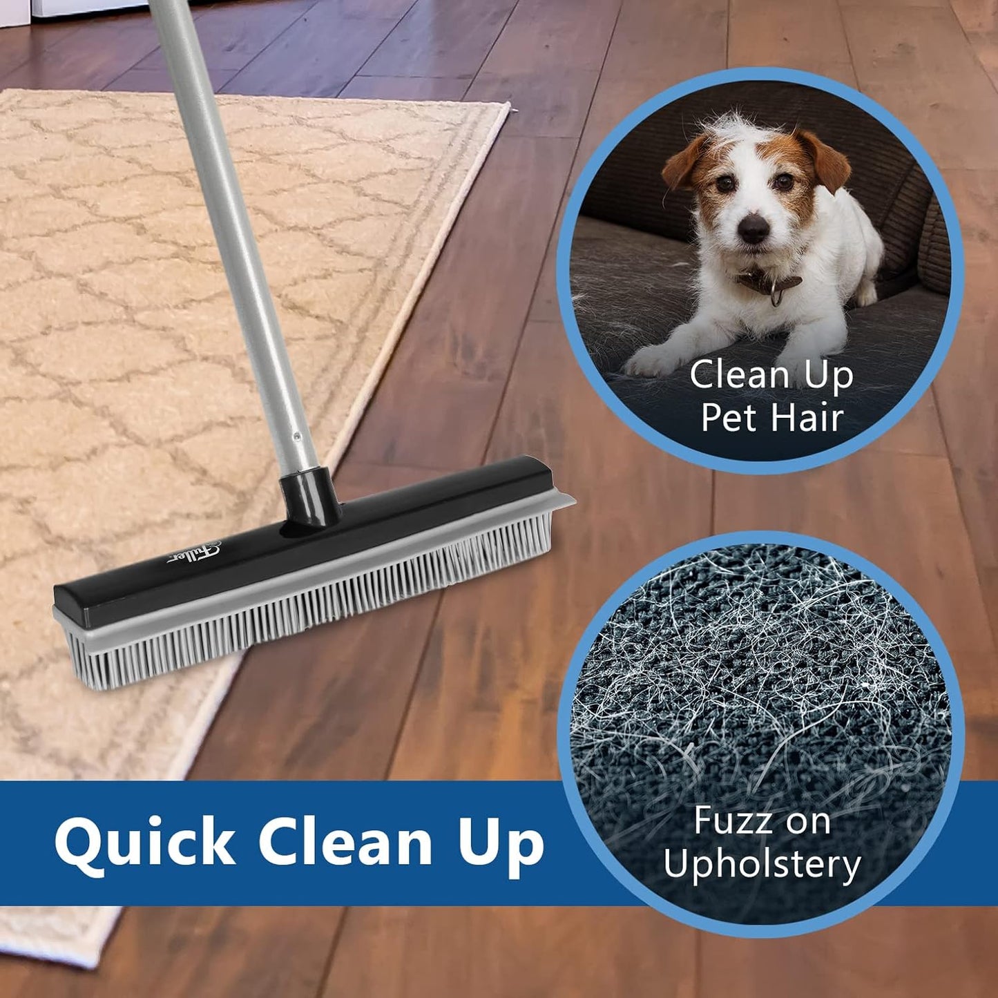 Fuller Brush Rubber Broom – for Carpets Floors Stairs Upholstery – Electrostatic Action Removes Pet Hair Lint Fuzz Dirt Particles – Built-in Squeegee Tackles Wet Messes (Complete Broom)