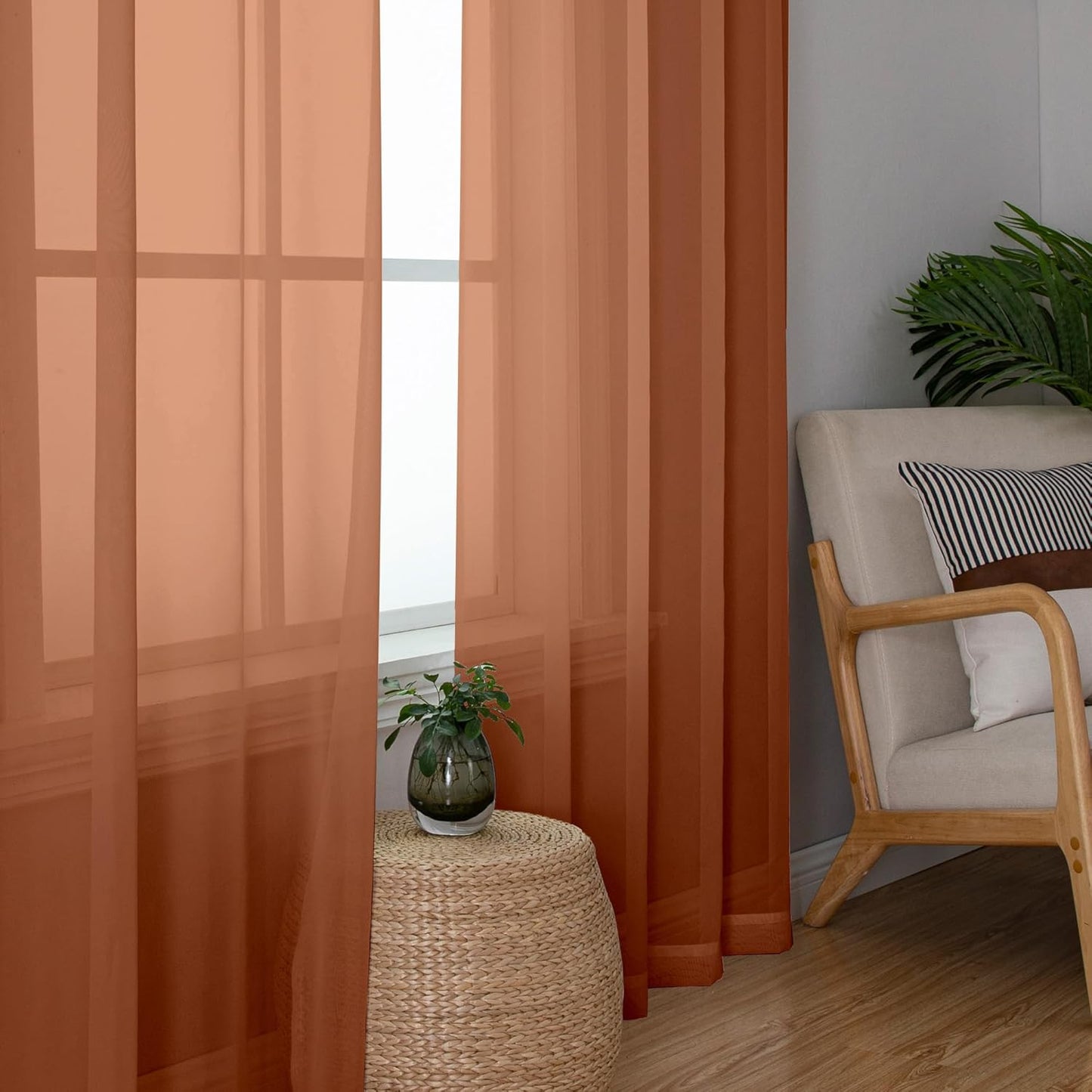 Chyhomenyc Orange Sheer Curtains 63 Inch Length 2 Panels, Light Filtering Airy Rod Pocket Window Curtain Treatment Drapes for Bedroom Living, Each 42Wx63L Inches