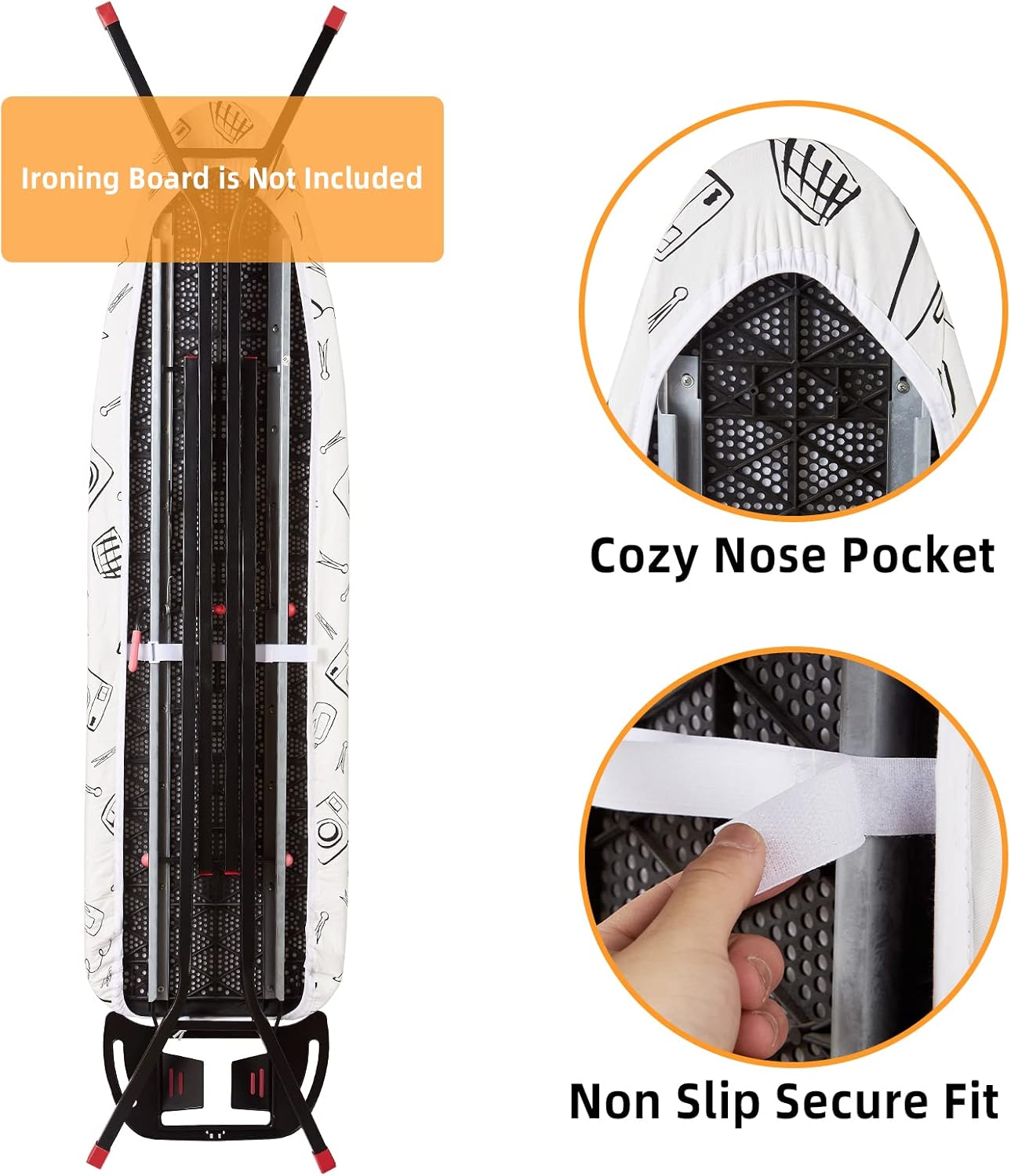 Wide Ironing Board Cover and Pad 18 x 49 inch Heat Reflective with Hook and Loop Fasteners, Thick Padding with Elasticized Edges, 3 Layers Iron Board Cover (White)