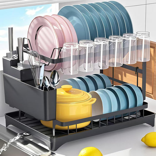 Dish Drying Rack, Stainless Steel Dish Rack, 2-Tier Kitchen Organizers for Dishes, Knives, Cups, Cutting Boards, Detachable Large Capacity Dish Drainer Organizer & Space-Saving Utensil Holder